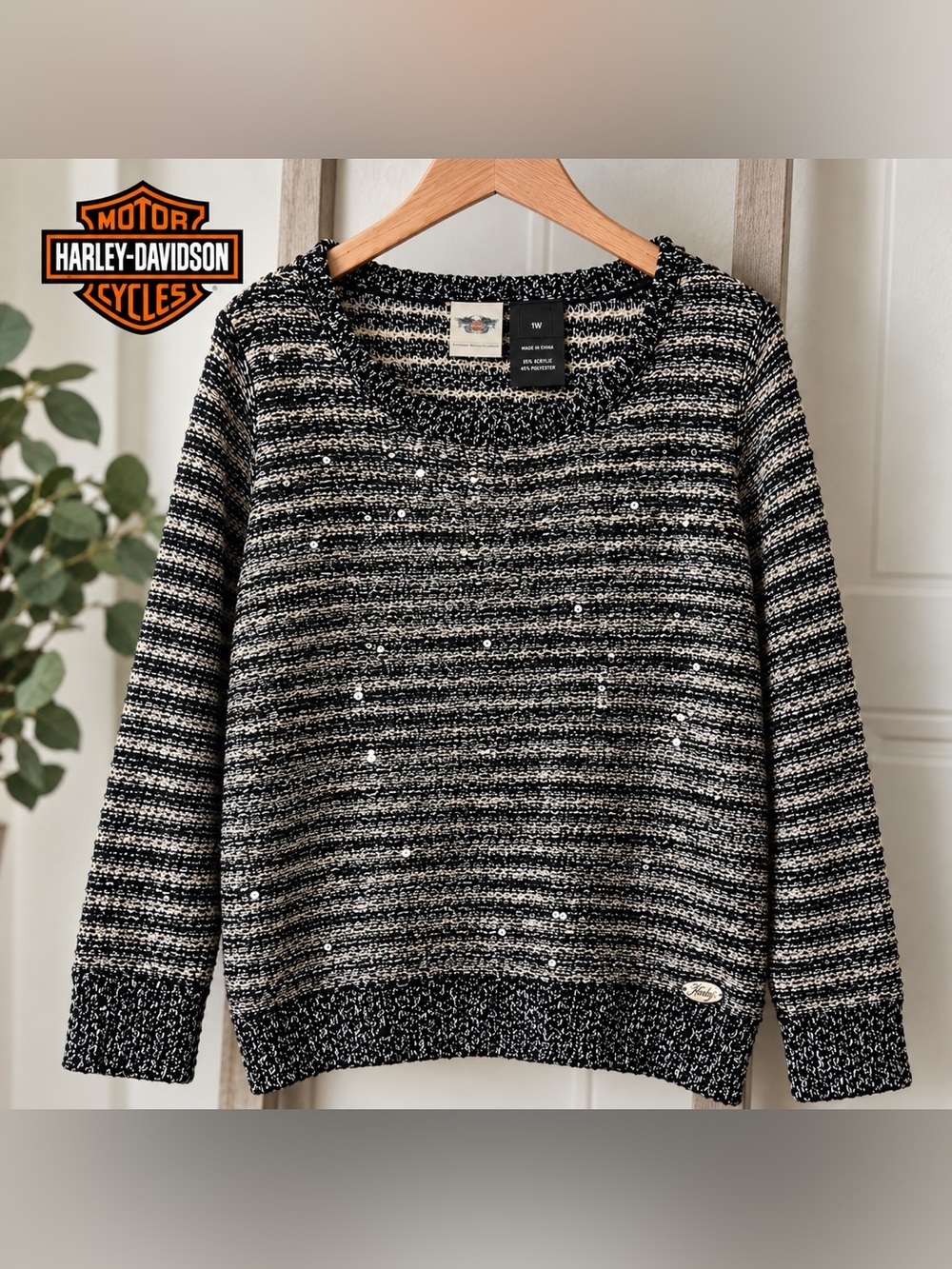 Harley-Davidson 1W Metallic Sequin Striped Knit Sweater Black Ivory